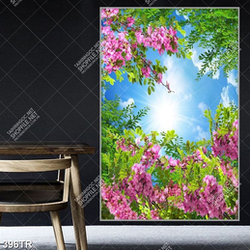 Tranh in trần file gốc psd ánh nắng xuyên qua tán hoa bằng lăng in uv