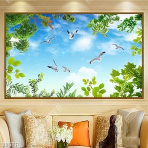 Tranh dán trần nghệ thuật đàn chim bay trên bầu trời nắng in canvas