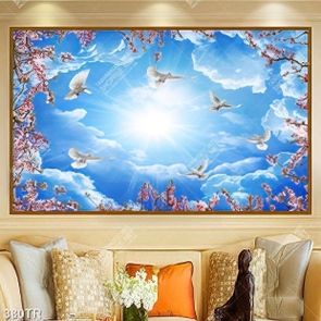 Tranh dán trần nghệ thuật bầy chim bay trên tán hoa đào file gốc