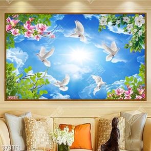 Tranh in dán trần file gốc psd đàn chim bay quanh bầu trời  in uv