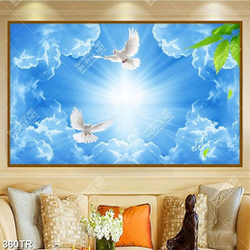 Tranh dán trần in uv đôi chim bồ câu bay trên bầu trời xanh
