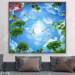 Tranh trần nghệ thuật bầy chim bay dưới những tán cây xanh in canvas