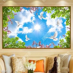 Tranh dán trần nghệ thuật bầu trời soi chiếu ánh nắng vàng file gốc