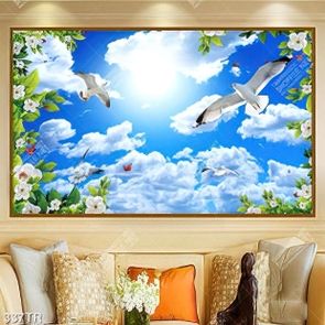 Tranh file psd trần nhà đôi chim hải âu bay trên bầu trời