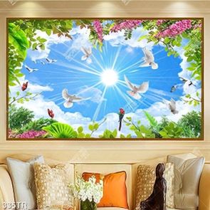 Tranh file psd trần nhà bầu trời đẹp dưới tán cây