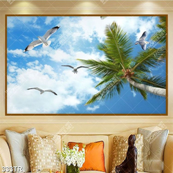 Tranh trần in uv cây dừa dưới bầu trời xanh