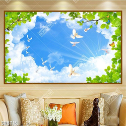 Tranh trần in uv bầy chim bồ câu dưới tán cây xanh