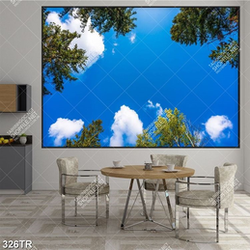 Tranh trần nghệ thuật bầu trời dưới tán cây xanh file gốc