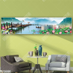 Tranh cây cầu và hoa sen trên sông in kính bếp