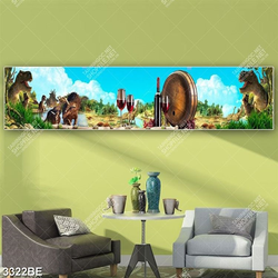 Tranh rượu và khủng long in kính bếp