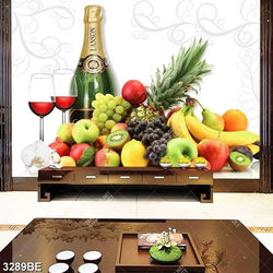 Tranh rượu sâm panh và trái cây in kính bếp