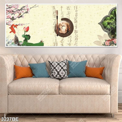 Tranh thư pháp hoa đào in kính bếp