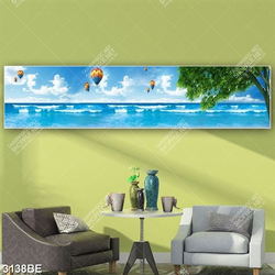 Tranh biển xanh in kính bếp