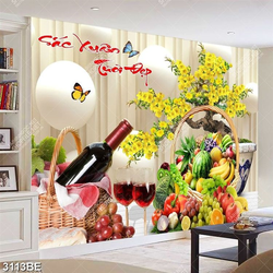 Tranh rau củ quả và chậu mai in kính bếp