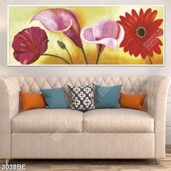 Tranh sơn dầu hoa đồng tiền và hoa Vân Môn in kính bếp