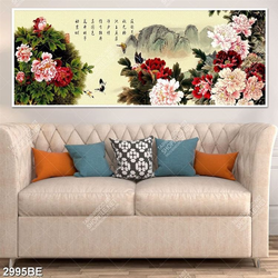 Tranh thư pháp hoa mẫu đơn in kính bếp