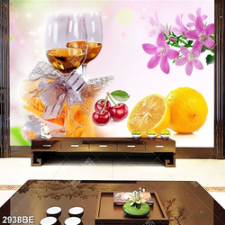 Tranh ly rượu và cam in kính bếp