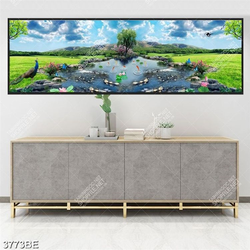 Tranh dòng sông bên thảm cỏ in kính bếp