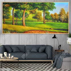 Tranh sơn dầu rừng cây in kính bếp