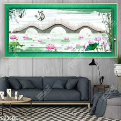 Tranh cây cầu và hoa Sen in kính bếp