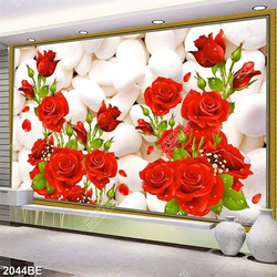 Tranh hoa hồng nền sỏi in kính bếp