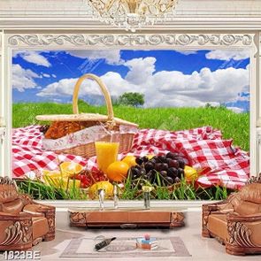Tranh giỏ bánh mì và trái cây in kính bếp Tranh giỏ bánh mì và trái cây in kính bếp