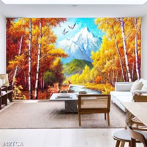 Tranh sơn dầu Châu Âu chú nai bên trong khu rừng lá đỏ đẹp in uv