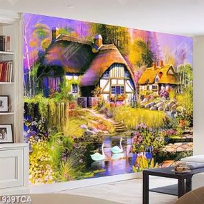 Tranh sơn dầu làng quê Châu Âu ngôi nhà bên vườn hoa và hồ nước chất lượng cao
