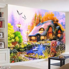 Tranh sơn dầu Châu Âu ngôi nhà bên đôi thiên nga đẹp nghệ thuật