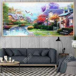 Tranh sơn dầu làng quê Châu Âu những ngôi nhà bên dòng sông nhỏ