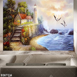 Tranh sơn dầu Châu Âu ngọn hải đăng bên bờ biển chất lượng cao