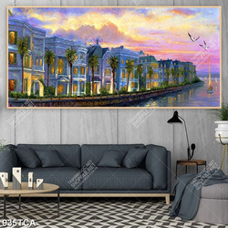 Tranh sơn dầu Châu Âu  thành phố bên dòng sông in kính