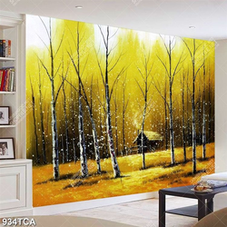 Tranh sơn dầu Châu Âu ngôi nhà gỗ bên trong khu rừng cỏ vàng nghệ thuật