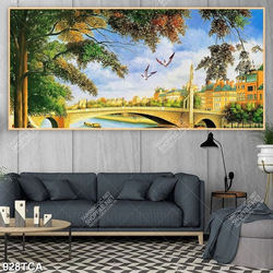 Tranh sơn dầu Châu Âu thành phố bên dòng sông in kính