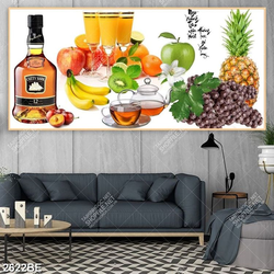Tranh rượu và trái cây in kính bếp
