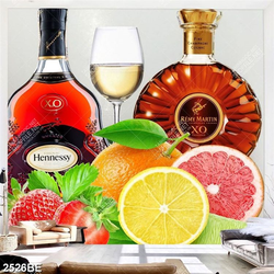Tranh trái cây và rượu in kính bếp