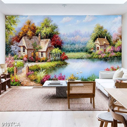 Tranh sơn dầu làng quê Châu Âu ngôi nhà bên hồ nước đẹp nhất