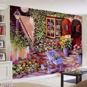 Tranh sơn dầu Châu Âu khuôn viên nhà phủ đầy hoa đẹp nhất