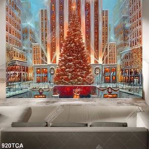 Tranh sơn dầu cây thông noel bên những toà nhà cao tầng