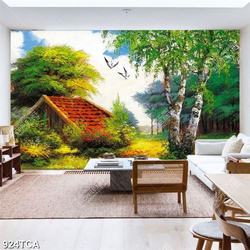 Tranh sơn dầu Châu Âu ngôi nhà gỗ bên khu rừng đẹp