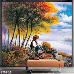 Tranh sơn dầu Châu Âu cậu bé câu cá bên dòng sông