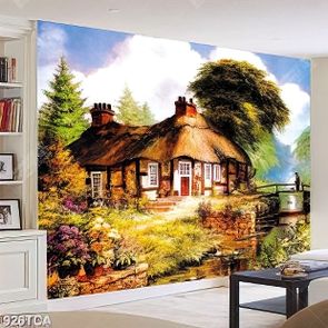 Tranh sơn dầu Châu Âu ngôi nhà nhỏ bên dòng sông thơ mộng decor tường