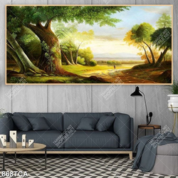 Tranh sơn dầu làng quê cây cổ thụ bên dòng sông