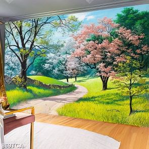 Tranh sơn dầu con đường bên vườn hoa anh đào đẹp trang trí tường