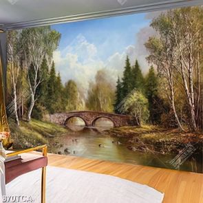 Tranh sơn dầu cây cầu bắt ngang dòng sông trong khu rừng nghệ thuật