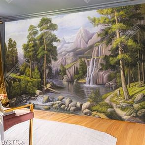 Tranh sơn dầu phong cảnh thác nước phong thủy trên con suối đá chất lượng cao