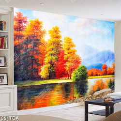 Tranh sơn dầu phong cảnh mùa thu cây lá vàng bên hồ nước in kính