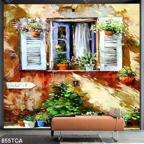 Tranh sơn dầu khung cửa sổ đây hoa trang trí tường