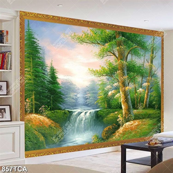 Tranh sơn dầu thác nước bên rừng cây in kính