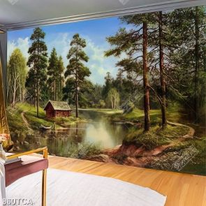 Tranh sơn dầu ngôi nhà gỗ bên hồ nước trong khu rừng in uv